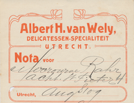 712214 Kop van een nota van Albert H. van Wely, Delicatessen-Specialiteit (Delicatessenhandel), Nobelstraat 16 te ...